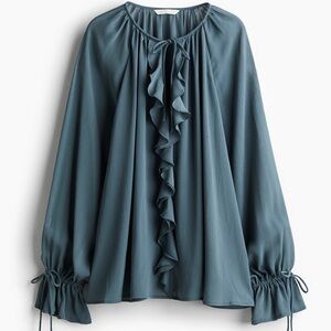 New H&M Black Ruffle-Front semi sheer  Long Sleeve Blouse